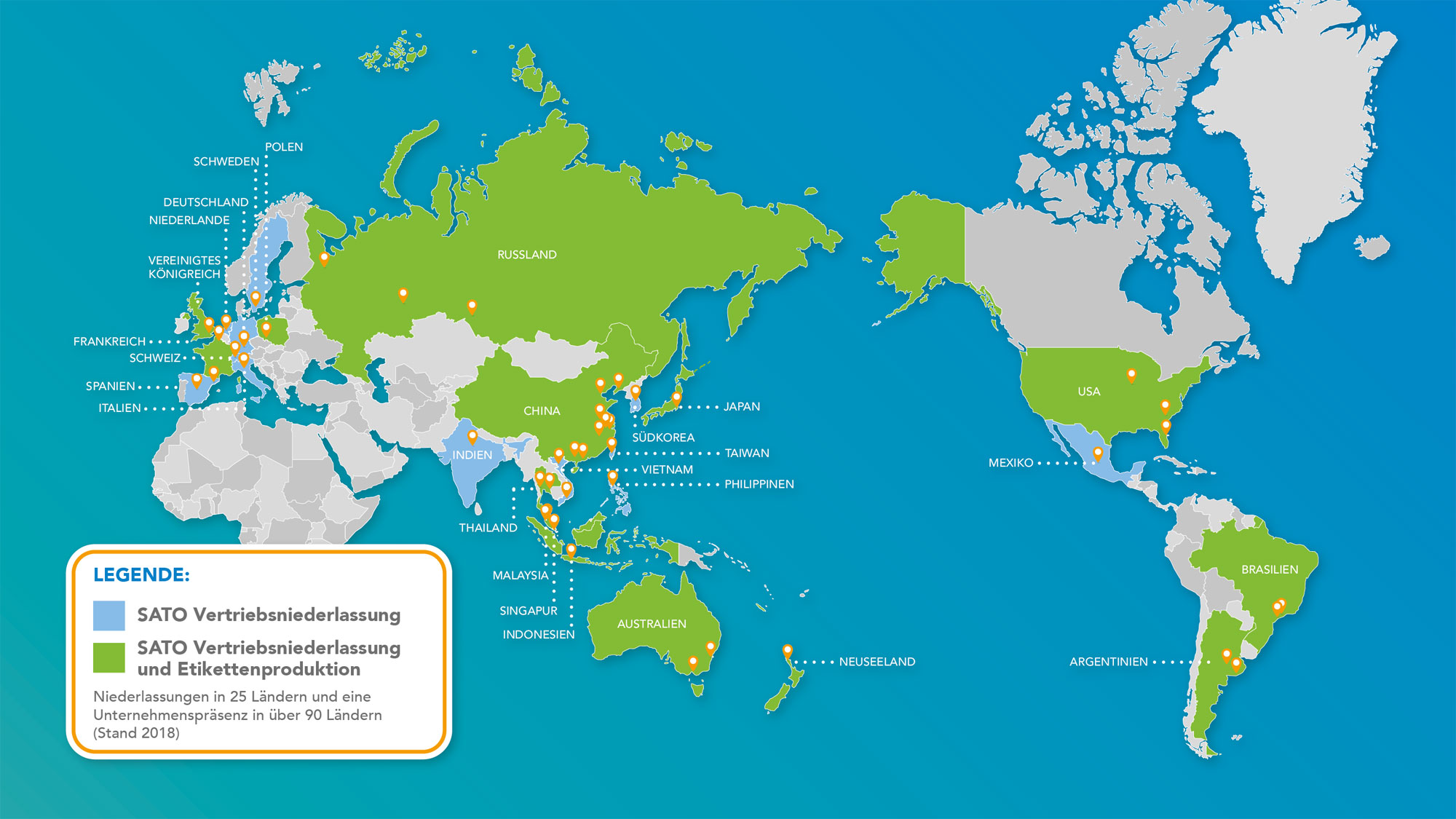 Weltkarte des globalen Netzwerks der SATO Group